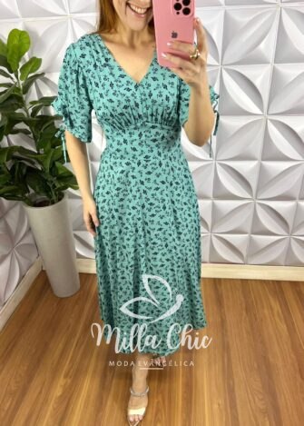 Vestido Viscolinho Mídi Estampado Manga 3/4 Cecilia - Verde - Milla Chic