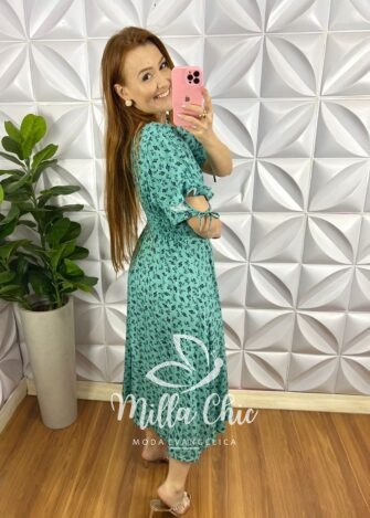 Vestido Viscolinho Mídi Estampado Manga 3/4 Cecilia - Verde - Milla Chic