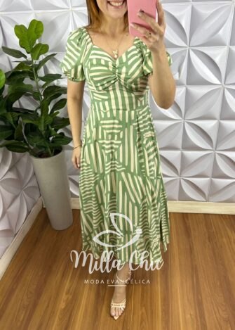 Vestido Viscolinho Com Drapeados No Busto Mídi Estampado Sheila - Verde - Milla Chic