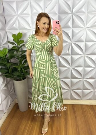 Vestido Viscolinho Com Drapeados No Busto Mídi Estampado Sheila - Verde - Milla Chic