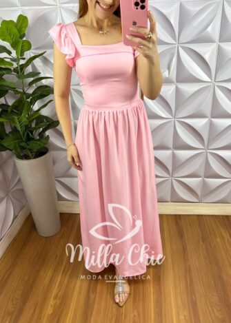 Vestido Viscosarja Manga Babadinho Longo Luana - Rosa - Milla Chic