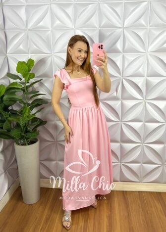 Vestido Viscosarja Manga Babadinho Longo Luana - Rosa - Milla Chic