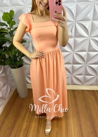Vestido Viscosarja Manga Babadinho Longo Luana - Salmão - Milla Chic