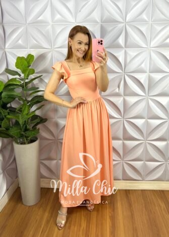 Vestido Viscosarja Manga Babadinho Longo Luana - Salmão - Milla Chic