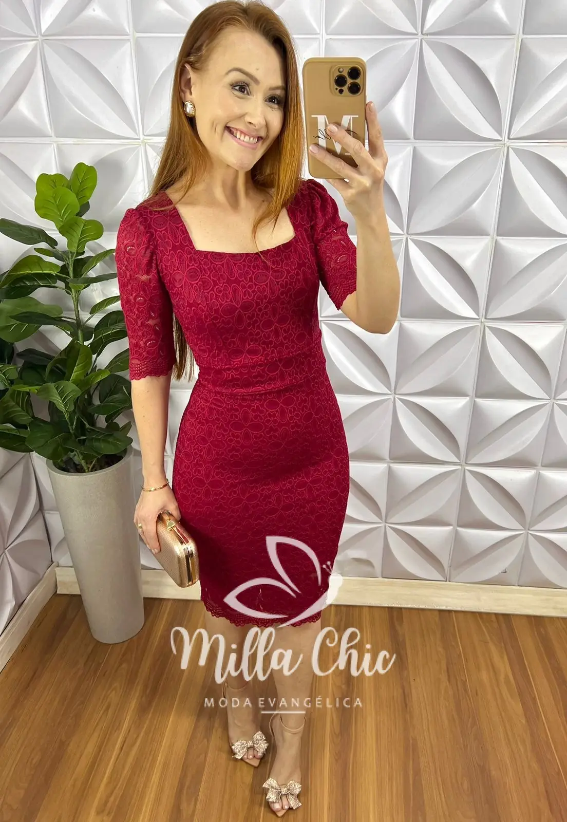 Vestido Renda Chantilly Decote Quadrado Manga 3/4 Tubinho Thayla – Vermelho – Milla Chic Vestido Renda Chantilly Decote Quadrado Manga 3/4 Tubinho Thayla - Vermelho - Milla Chic