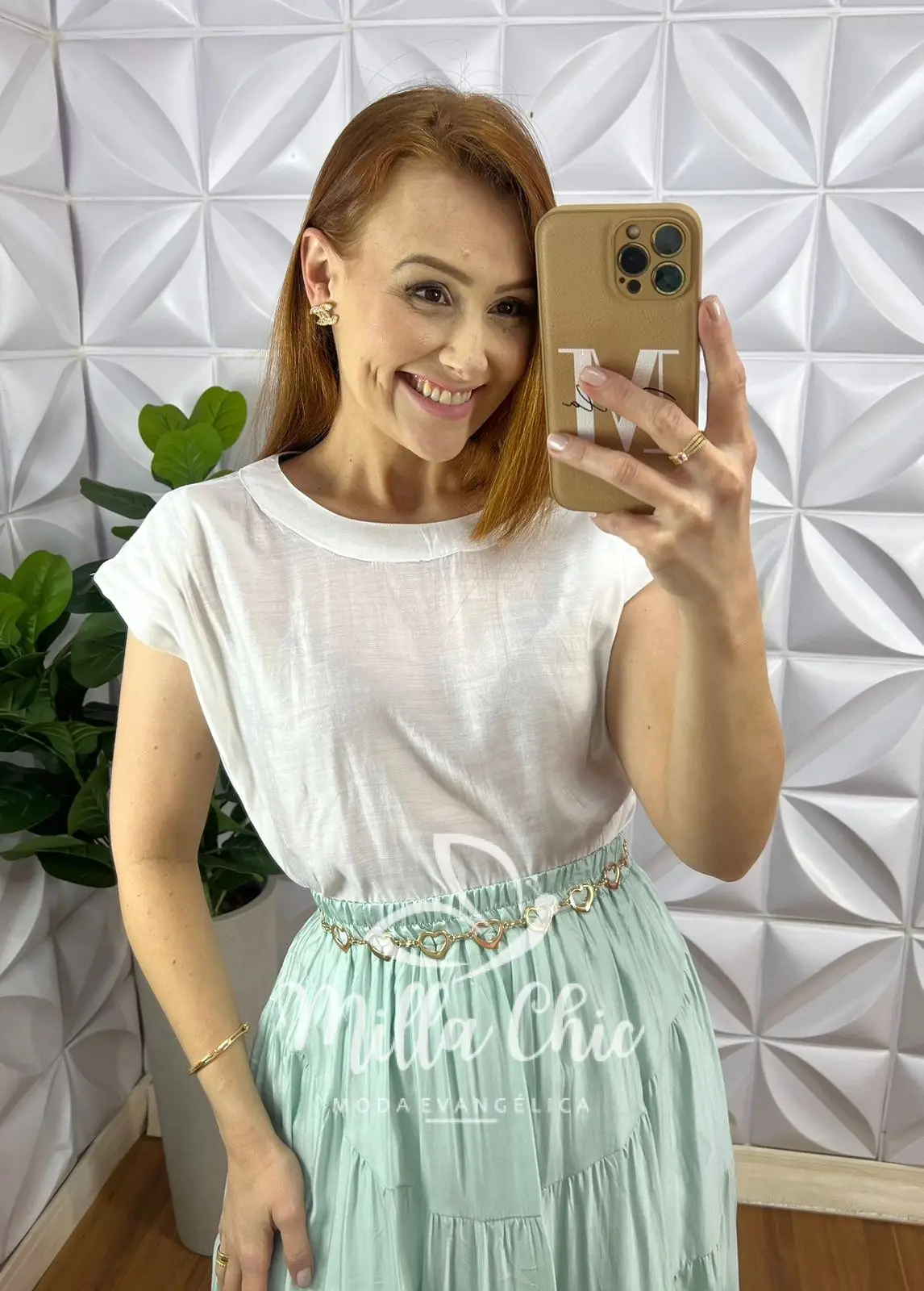 Saia Viscose Chatum Lastex Na Cintura Midi Com Marias Recorte Abaloado Penélope - Verde Agua - Milla Chic