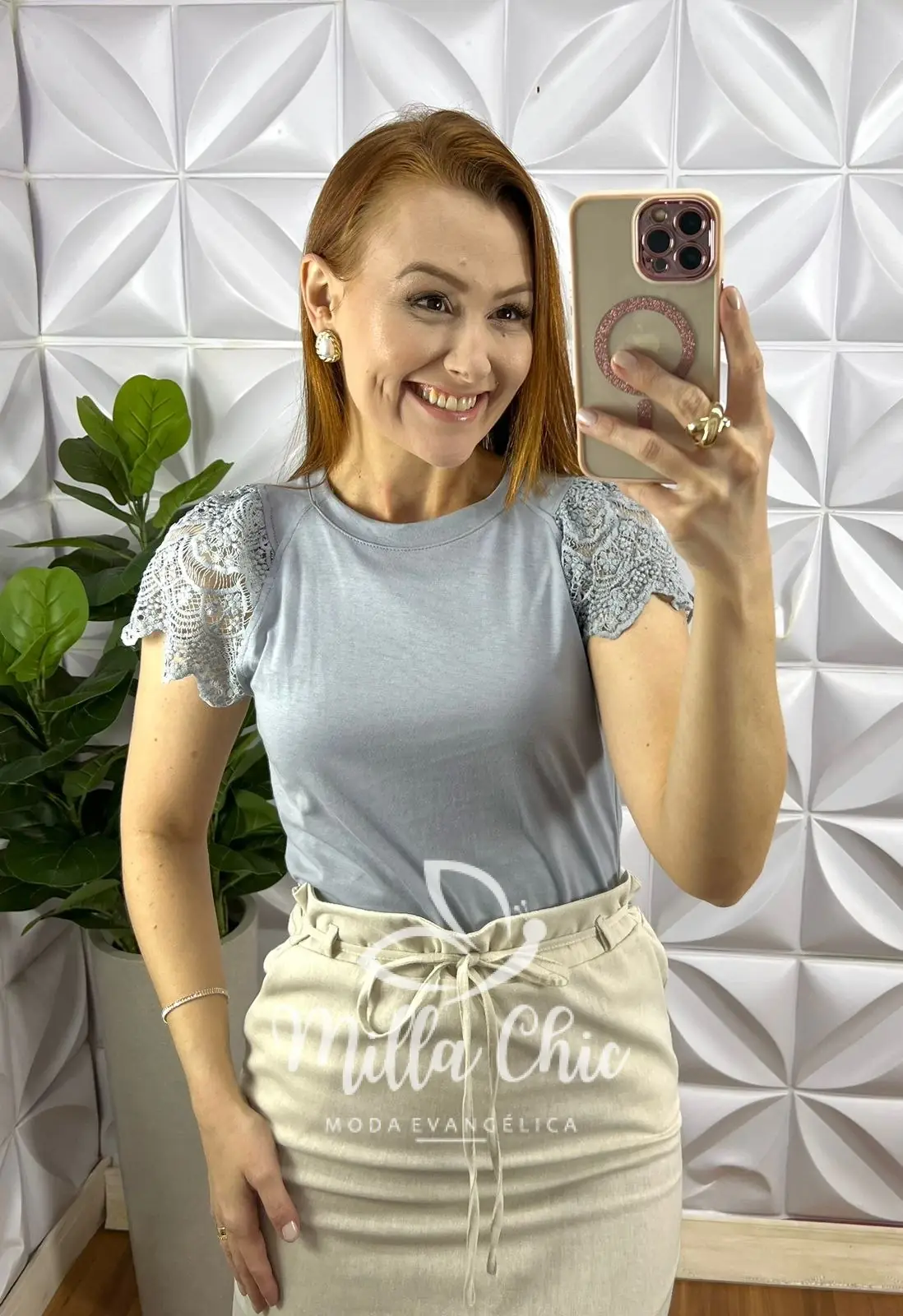 Blusa Malha De Algodão Manga De Guipper Giovane – Cinza – Milla Chic Blusa Malha De Algodão Manga De Guipper Giovane - Cinza - Milla Chic