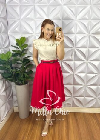 Blusa Cambraia de Linho Bordado de Guipper Manga Babadinho Marlene - Areia - Milla Chic