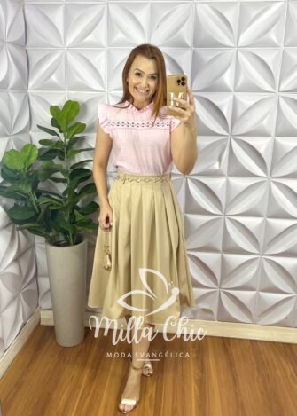 Blusa Cambraia de Linho Bordado de Guipper Manga Babadinho Marlene - Rosa - Milla Chic