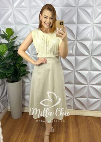 Blusa Cambraia de Linho Bordado Manga Muscle Elisangela - Manteiga - Milla Chic