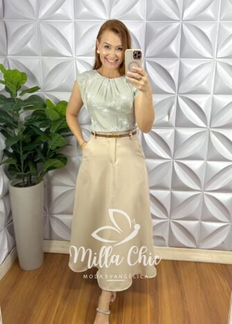 Blusa Cambraia de Linho Bordado Manga Muscle Elisangela - Cinza - Milla Chic