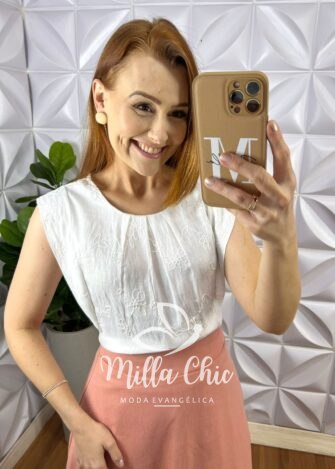 Blusa Cambraia de Linho Bordado Manga Muscle Elisangela - Branco - Milla Chic