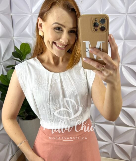 Blusa Cambraia de Linho Bordado Manga Muscle Elisangela - Branco - Milla Chic