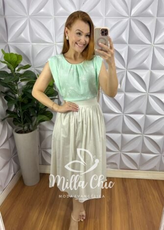 Blusa Cambraia de Linho Bordado Manga Muscle Elisangela - Verde - Milla Chic