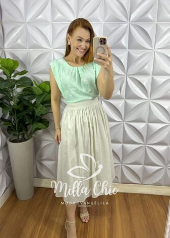 Blusa Cambraia de Linho Bordado Manga Muscle Elisangela - Verde - Milla Chic