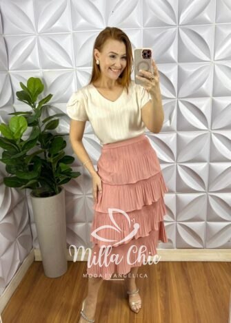 Blusa Cetim Com Drapeados No Ombro Debora - Areia - Milla Chic