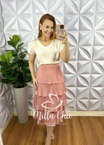 Blusa Cetim Com Drapeados No Ombro Debora - Areia - Milla Chic