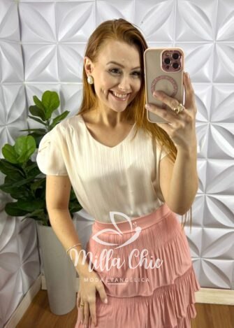 Blusa Cetim Com Drapeados No Ombro Debora - Areia - Milla Chic