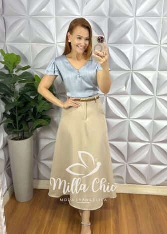 Blusa Cetim Manga Babadinho Com Botoes Encapados Iris - Azul Acinzentado - Milla Chic