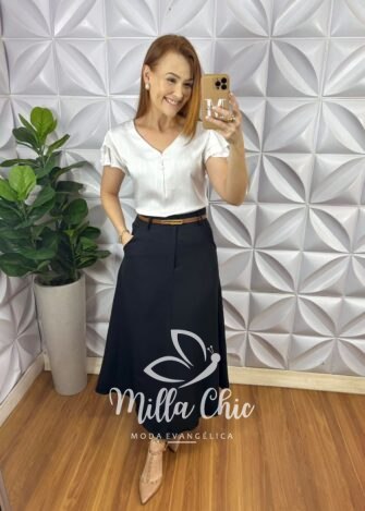 Blusa Cetim Manga Babadinho Com Botoes Encapados Iris - Branca - Milla Chic