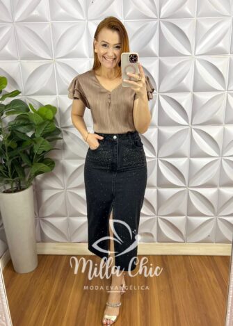 Blusa Cetim Manga Babadinho Com Botoes Encapados Iris - Marrom - Milla Chic