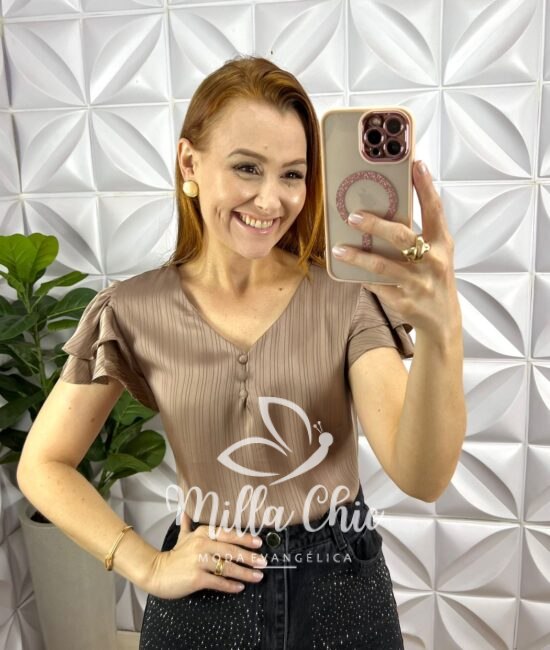 Blusa Cetim Manga Babadinho Com Botoes Encapados Iris - Marrom - Milla Chic