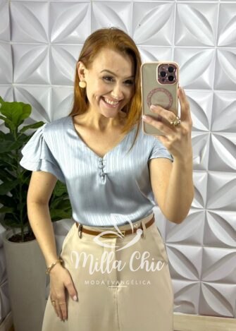 Blusa Cetim Manga Babadinho Com Botoes Encapados Iris - Azul Acinzentado - Milla Chic