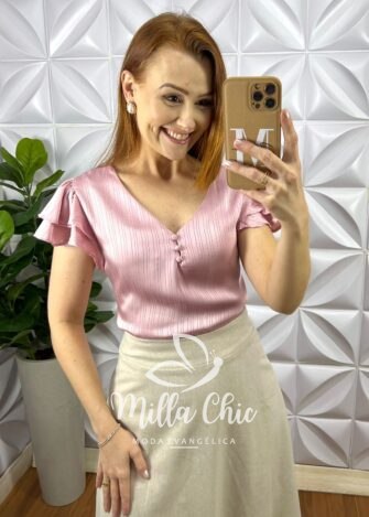 Blusa Cetim Manga Babadinho Com Botoes Encapados Iris - Rosa - Milla Chic