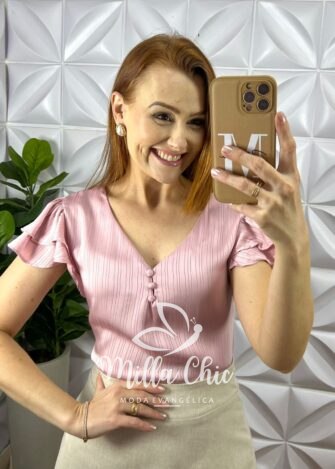 Blusa Cetim Manga Babadinho Com Botoes Encapados Iris - Rosa - Milla Chic