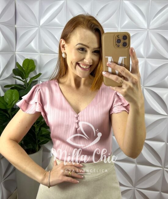 Blusa Cetim Manga Babadinho Com Botoes Encapados Iris - Rosa - Milla Chic