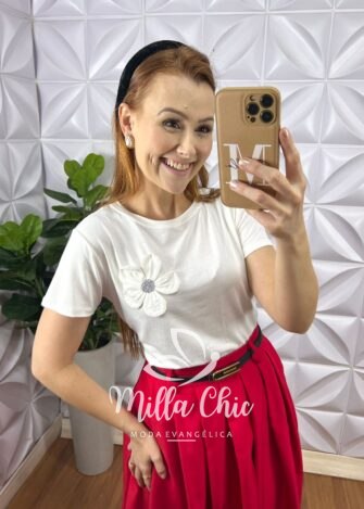 Blusa Com Aplicação de Flor No Viscolycra Florença - Branca - Milla Chic