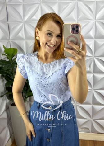 Blusa Laise de Algodão Bordado de Guipper Manga Babadinho Margarida - Azul - Milla Chic