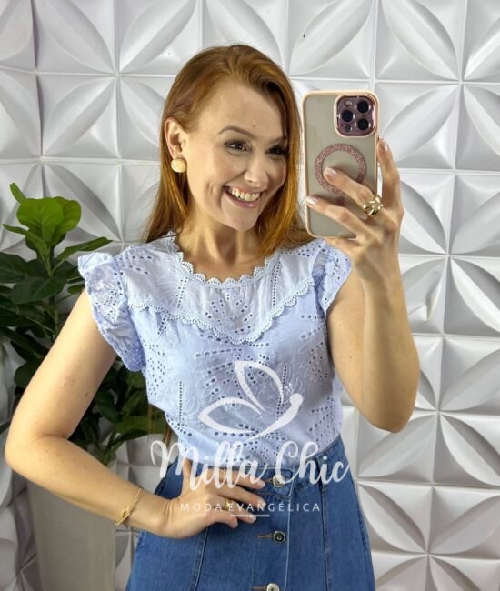 Blusa Laise de Algodão Bordado de Guipper Manga Babadinho Margarida - Azul - Milla Chic