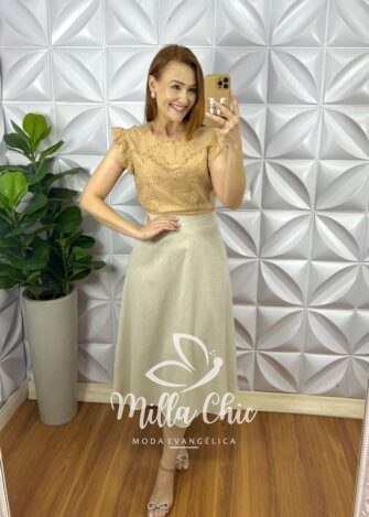 Blusa Laise de Algodão Bordado de Guipper Manga Babadinho Margarida - Nude - Milla Chic