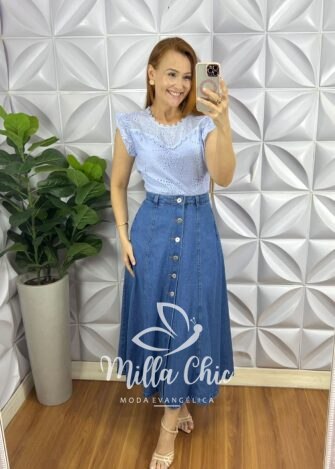 Blusa Laise de Algodão Bordado de Guipper Manga Babadinho Margarida - Azul - Milla Chic