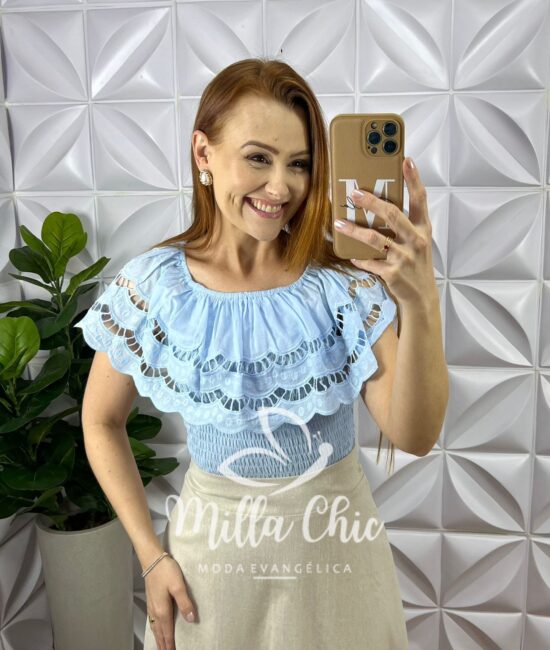 Blusa Lesie De Algodão Corpo de Lastex Babado No Decote Tereza - Azul - Milla Chic