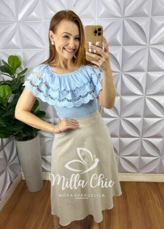 Blusa Lesie De Algodão Corpo de Lastex Babado No Decote Tereza - Azul - Milla Chic