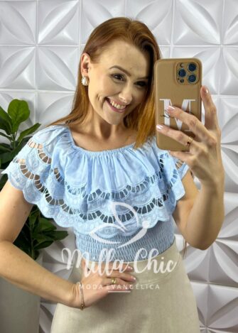 Blusa Lesie De Algodão Corpo de Lastex Babado No Decote Tereza - Azul - Milla Chic