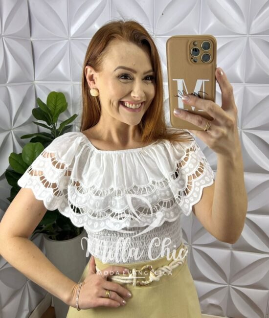 Blusa Lesie De Algodão Corpo de Lastex Babado No Decote Tereza - Branca - Milla Chic