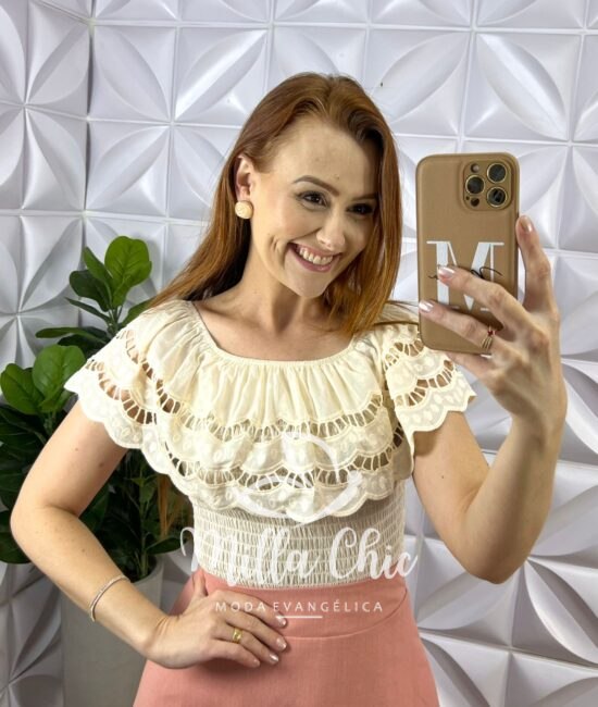 Blusa Lesie De Algodão Corpo de Lastex Babado No Decote Tereza - Manteiga - Milla Chic