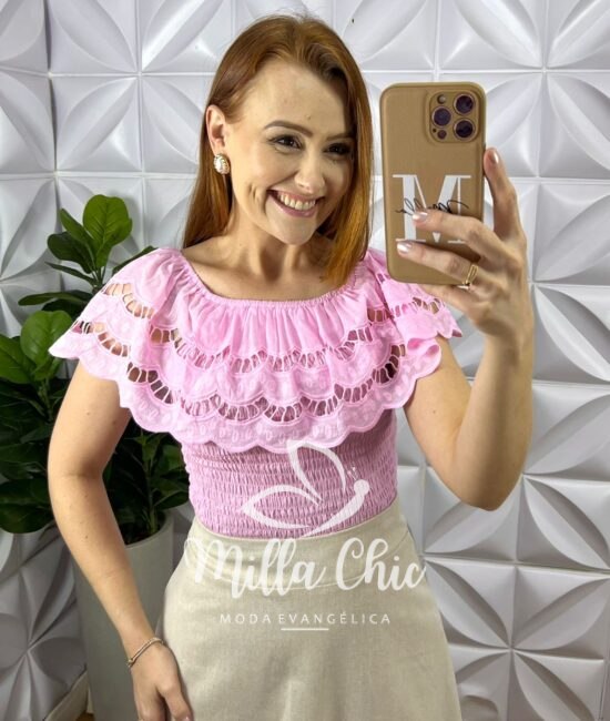 Blusa Lesie De Algodão Corpo de Lastex Babado No Decote Tereza - Rosa - Milla Chic