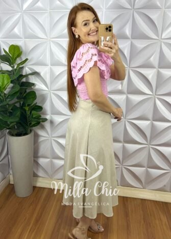 Blusa Lesie De Algodão Corpo de Lastex Babado No Decote Tereza - Rosa - Milla Chic