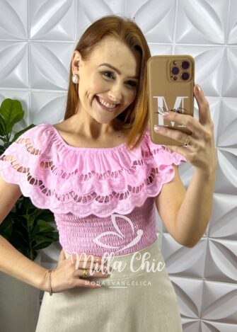 Blusa Lesie De Algodão Corpo de Lastex Babado No Decote Tereza - Rosa - Milla Chic