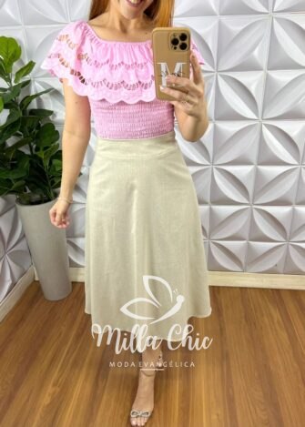 Blusa Lesie De Algodão Corpo de Lastex Babado No Decote Tereza - Rosa - Milla Chic