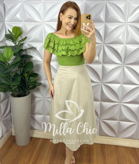 Blusa Lesie De Algodão Corpo de Lastex Babado No Decote Tereza - Verde - Milla Chic