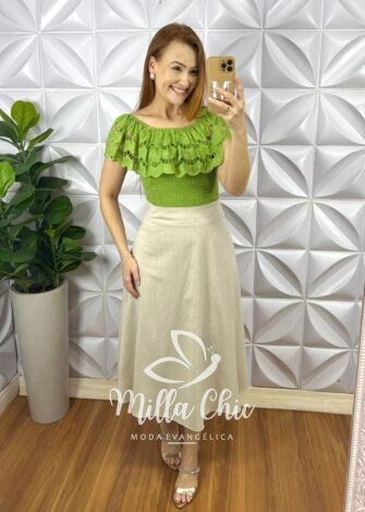 Blusa Lesie De Algodão Corpo de Lastex Babado No Decote Tereza - Verde - Milla Chic