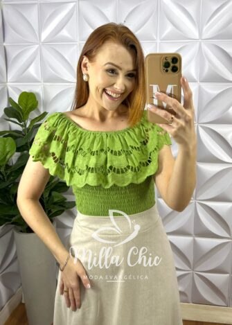 Blusa Lesie De Algodão Corpo de Lastex Babado No Decote Tereza - Verde - Milla Chic