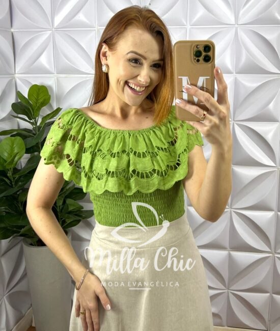 Blusa Lesie De Algodão Corpo de Lastex Babado No Decote Tereza - Verde - Milla Chic