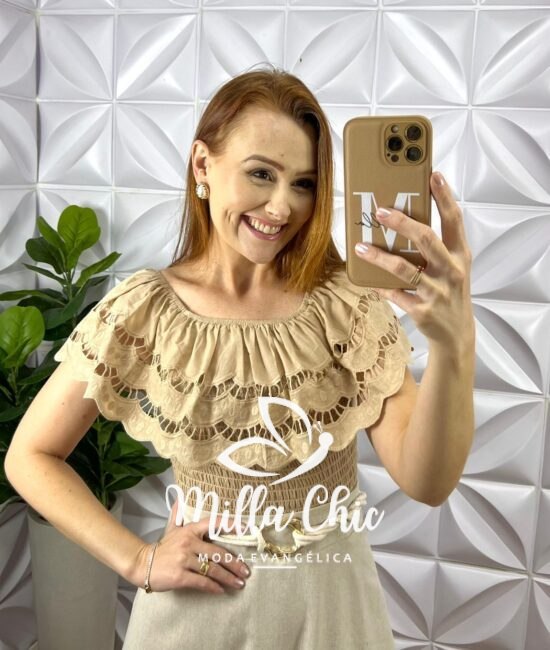 Blusa Lesie De Algodão Corpo de Lastex Babado No Decote Tereza - Areia - Milla Chic