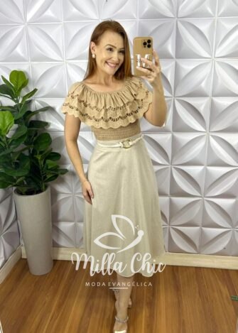 Blusa Lesie De Algodão Corpo de Lastex Babado No Decote Tereza - Areia - Milla Chic